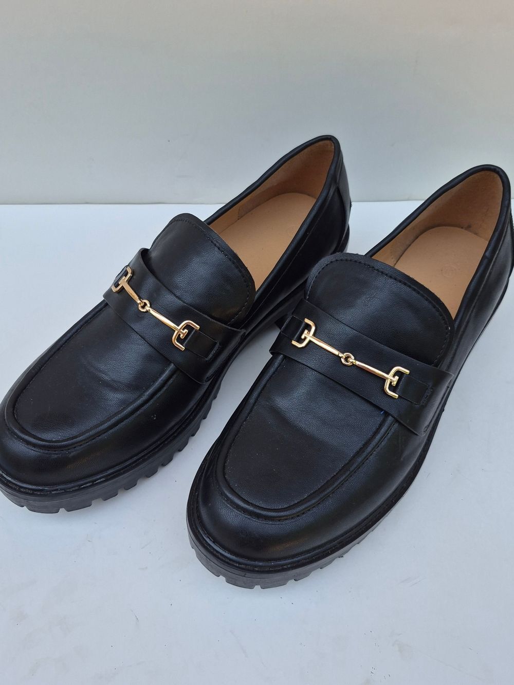 Women's Black Leather Loafers with Gold Bit Accent - 10